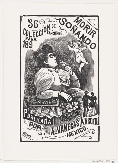 Egy nő profilja egy széken hátrahajtott fejjel, és virágot tart, il..., kb. 1890. alkotó: José Guadalupe Posada