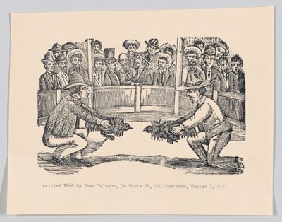 Két férfi az arénában kakasokkal harcra készülve, spe..., kb. 1890-1910, újranyomva 1964. alkotó: José Guadalupe Posada