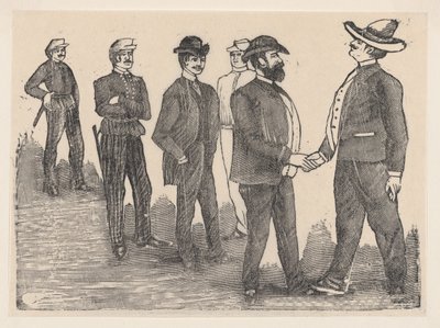 Két férfi kezet fog az előtérben, és tisztek figyelik őket a háttérben..., kb. 1880-1910. alkotó: José Guadalupe Posada