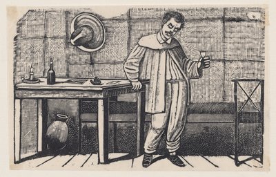 Egy férfi pohárral a kezében, lefelé nézve és egy asztalnak támaszkodva, illusztráció az „El huérfano” című műből alkotó: José Guadalupe Posada