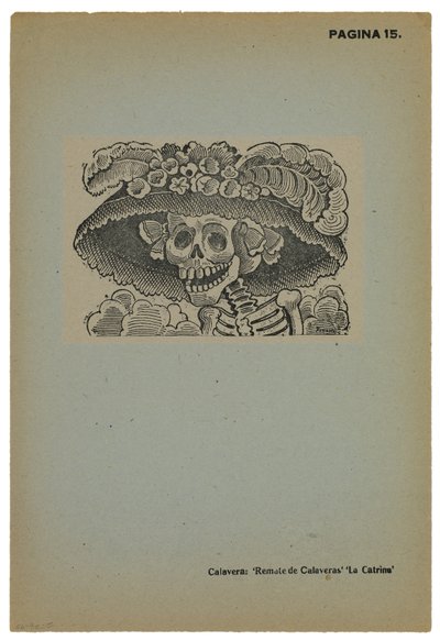 Calavera de la Catrina, 1910 körül, 1943-ban nyomtatva (fotó-dombormű-rézkarc metszettel) alkotó: José Guadalupe Posada