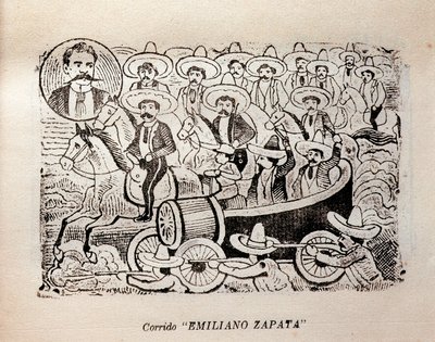 Mexikó. A mexikói forradalom „Corrido Emiliano Zapata” (metszet) alkotó: José Guadalupe Posada