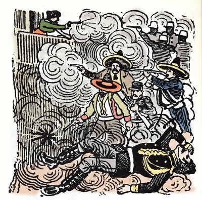 A mexikói forradalom (1910-1920): támadás Aquiles Serdan (1876-1910) háza ellen. Jose Guadalupe Posada (1852-1913) xilográfiája. alkotó: José Guadalupe Posada