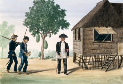 Egy fogoly, akit egy rendőr és egy tanácsos vezetett, a "The Flebus Album of Views In and Around Manila", 1845 körül alkotó: Jose Honorato Lozano