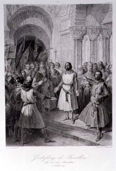 Bouillon Godfrey (kb. 1060-1100) Jeruzsálem királyává választott, Leopold Massard (1812-89) metszet (metszet) alkotó: Jose de (after) Madrazo y Garreta
