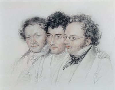 Balról jobbra Johann Baptist Jenger (1793-1856), Anselm Huttenbrenner (1794-1868) és Franz Schubert (1797-1828) zeneszerzők barátai, Josef Teltscher pasztellje alkotó: Josef Eduard Teltscher