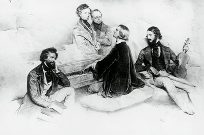 Matiné Liszt otthonában, balról jobbra, Kriehuber, zeneszerző Hector Berlioz (1803-1869), Carl Czerny (1791-1857) Liszt tanára, Liszt Ferenc (1811-1866) és Heinrich Wilhelm Ernst hegedűművész (1840-1865), Liszt Josef Kriehuber (1800-1876) alkotó: Josef Nikolaus Kriehuber