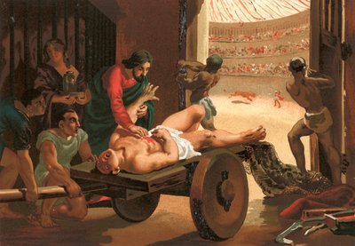 Galén segít egy gladiátornak, megsebesült a bergamói cirkuszban alkotó: Josep or Jose Planella Coromina