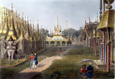 Jelenet a Rangoon-i Nagy Dagon pagoda teraszán, észak felé néz, a „Rangoon Views” 5. táblája, George Hunt metszetével alkotó: Joseph (after) Moore
