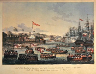 A bengáli és madrasi egyesített erők egy részének partraszállásának képe Sir Archibald Campbell parancsára 1825. május 11-én, Henry Pyall (1795-1833) metszetével 1825 (kézzel színezett akvatinta) alkotó: Joseph (after) Moore