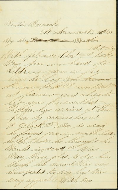 Levelet írt alá Joseph A. Fardell, Benton Barracks, St. Louis, Mo., anyának, 1863. november 12. alkotó: Joseph A. Fardell