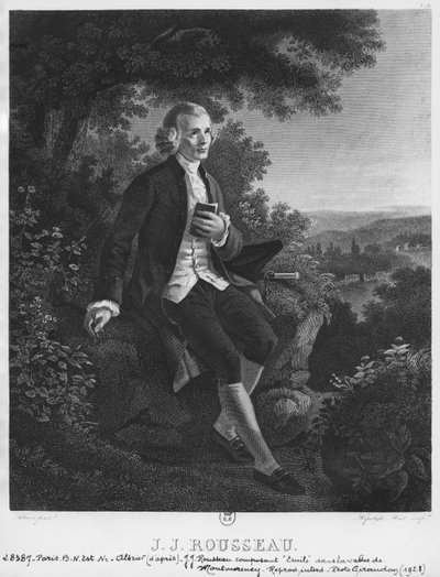 Jean-Jacques Rousseau az „Emile” című művét komponálja a Montmorency-völgyben, Hippolyte Huet metszetét (XIX. század) alkotó: Joseph Albrier