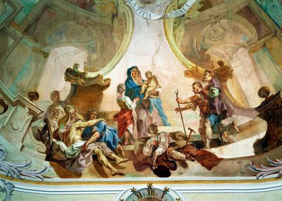 Mennyezeti freskó a Birnau-templomban: közvetlenül a pásztorok imádása alatt a művész önarcképe bekötött lábbal ... (freskó) alkotó: Joseph Anton (1696 1770) Feuchtmayer