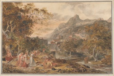 Vietri képe pásztoroknak táncoló fiatal vidéki nőkkel az előtérben, 1800. alkotó: Joseph Anton Koch