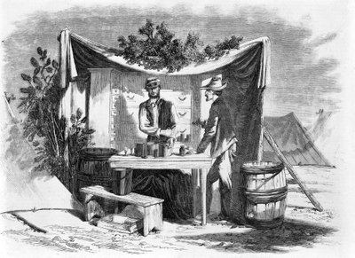 Tábori jelenetek – egy katonai drogéria – a kórházgondnok, különleges művészünk, Joseph Becker vázlatából, kocsma. 1864 alkotó: Joseph Becker
