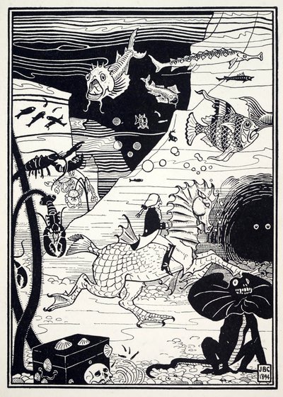 A Münchausen báró meglepő kalandjai című kocsmában sokféle magas, nemes fa volt, tele tengeri gyümölccsel, például homárral, rákkal, osztrigával. 1895 (metszet) alkotó: Joseph Benwell Clark