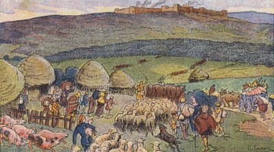 Bibracte, kovácsok által lakott város Galliában, menedékhely veszély idején (színes litho) alkotó: Joseph Beuzon