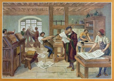 Gutenberg találmánya a mozgatható típusú nyomtatásra, illusztráció A. Aymard „A francia történelem első könyvéből”, kiadó: Hachette alkotó: Joseph Beuzon