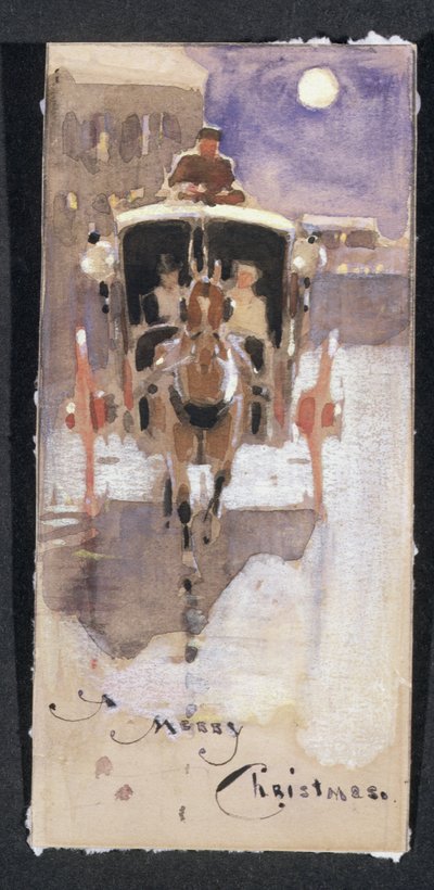 Karácsonyi üdvözlőlap Hansom-kabinnal (papíron fehér krétával megnövelt wc) alkotó: Joseph Crawhall