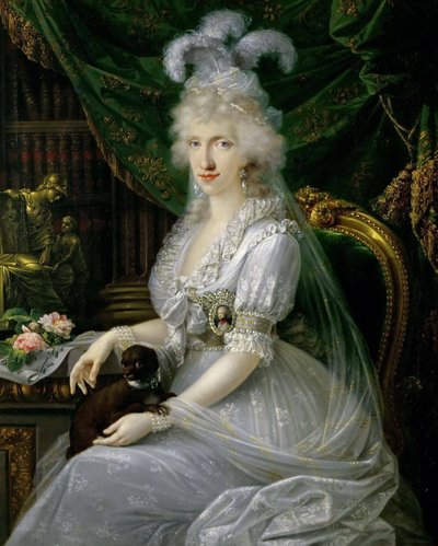 Német: Nápoly-szicíliai Marie Luise (Ludovica) (1773-1802), III. Ferdinánd toszkánai király felesége, asztalnál ül, térdig érő portré: Luisa Maria Amelia Teresa nápoly-szicíliai és szicíliai hercegnő (1773-1802), Nápoly és Szicília nagyhercegnője, hitvese. alkotó: Joseph Dorffmeister