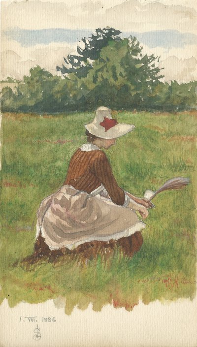 Nő strandfüvet szedeget 1886.VIII.1. (ceruza és wc papíron) alkotó: Joseph Edward Southall