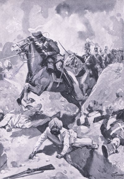 Sobraon: Sir Joseph Thackwell a 3. könnyű dragonyosokat egy fájlban vezeti néhány szikh földmunkán keresztül, illusztráció a Brit csaták szárazföldön és tengeren című filmből, 1915 alkotó: Joseph Finnemore