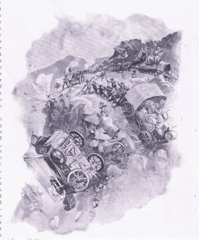 A búrok elpusztítják szekereiket Spitzkopnál, illusztráció az After Pretoria: A gerillaháborúból, 1902 alkotó: Joseph Finnemore