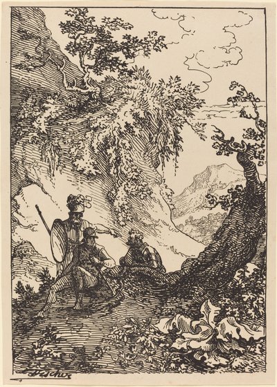 Táj páncélos férfiakkal, fatönkön alkotó: Joseph Fischer