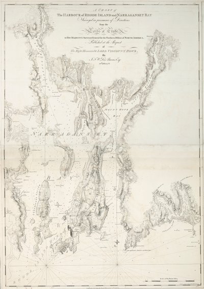 Rhode Island és a Narraganset-öböl kikötőjének térképe alkotó: Joseph Frederick Wallet DesBarres