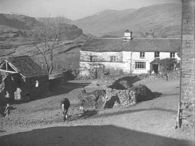 Három fiatal fiú nézi a lovakat a Kentmere-i tanyán, mögötte a tanya és a hegység alkotó: Joseph Hardman
