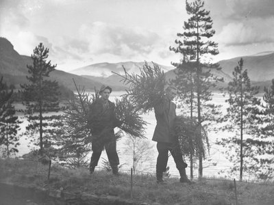 Két fiatalember kis karácsonyfákat cipel a Thirlmere partján alkotó: Joseph Hardman