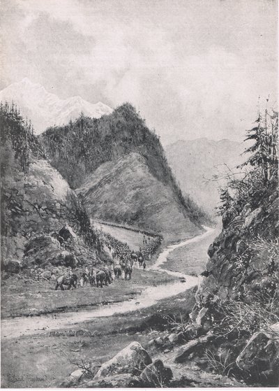 Afganisztán: A kabuli hadoszlop menete Handahárba, 1880. augusztus, illusztráció a brit szárazföldi és tengeri csatákból, 1915 alkotó: Joseph Holland Tringham