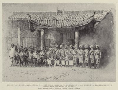Katonai rendőrség kísérete H. F. Hertz urat kíséri, akit Burmah kormánya képvisel a kachin törzsek és a sánok közötti határon átnyúló vita rendezése érdekében alkotó: Joseph Holland Tringham