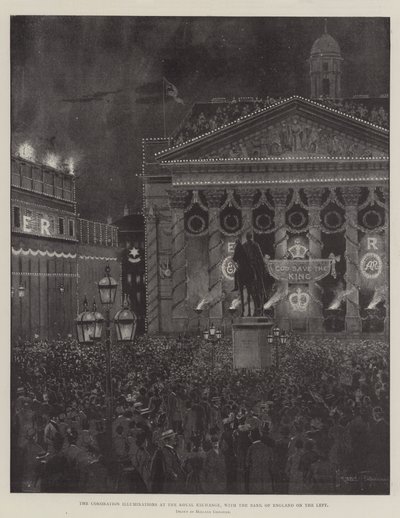 A koronázási megvilágítás a királyi tőzsdén, a Bank of England a bal oldalon alkotó: Joseph Holland Tringham