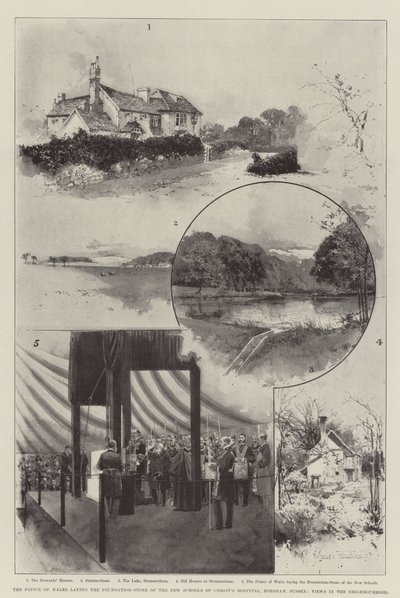 A walesi herceg lerakja a Krisztus Kórház új iskoláinak alapkövét, Horsham, Sussex, Kilátás a környéken alkotó: Joseph Holland Tringham