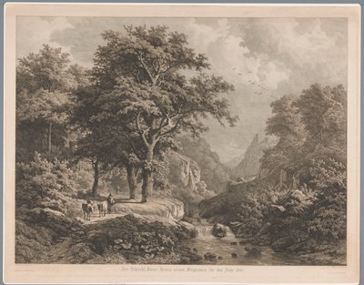 Hegyvidéki táj, középen vízeséssel, bal oldalon egy fiú három tehénnel és egy kutyával alkotó: Joseph Hubert Blees