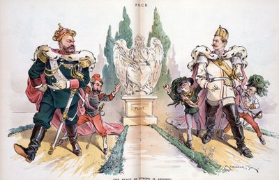 III. Sándor, "Oroszország" felirattal, nézi II. Vilmost, "Németország" felirattal. alkotó: Joseph Keppler