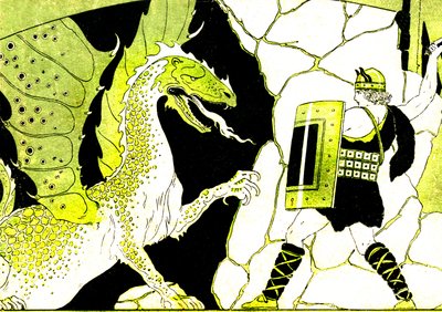 Siegfried harcol a sárkánnyal. A Nibelung-legenda. Joseph Kuhn Regnier (Kuhn-Regnier) (1873-1940) illusztrációja az "Epopees et legendes d