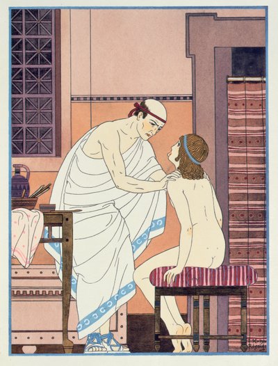 A torokvizsgálat, illusztráció a "The Complete Works of Hippocrates" című könyvből, 1932. alkotó: Joseph Kuhn Regnier