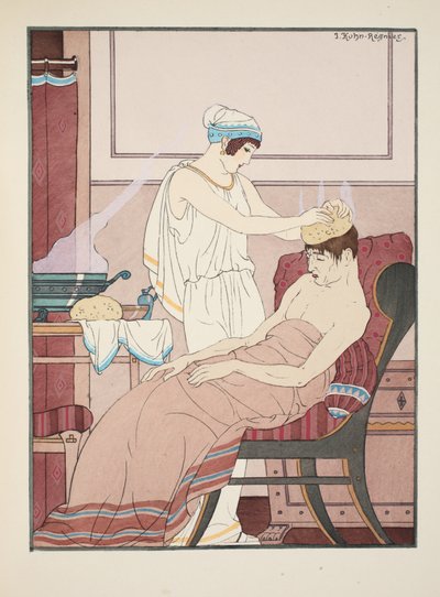 Forró vízzel átitatott szivacsot helyeznek a fejre, illusztráció a Hippokratész műveiből, 1934 alkotó: Joseph Kuhn Regnier