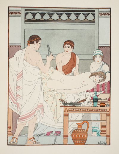 Nőgyógyászati vizsgálat, illusztráció a Hippokratész műveiből, 1934 alkotó: Joseph Kuhn Regnier