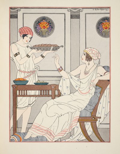Szezámtorták és mézes édességek mértéktelen fogyasztása, illusztráció a Hippokratész műveiből, 1934 alkotó: Joseph Kuhn Regnier