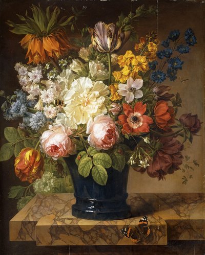 Virágok vázában egy márványpárkányon vörös tengernagy, darázs, két bogárral és egy szitakötővel, 1807 alkotó: Joseph-Laurent Malaine