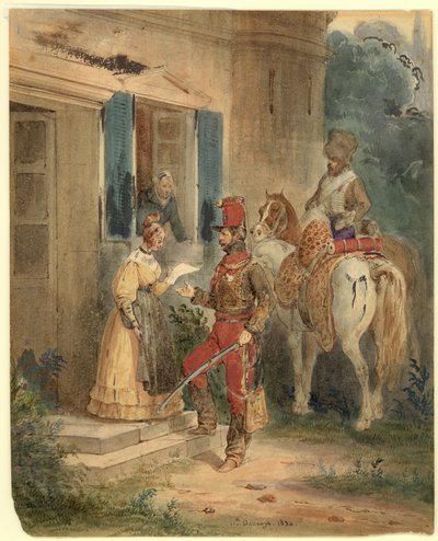Híreket szállító huszárok (akvarell és tus papíron) alkotó: Joseph Louis Hippolyte Bellange