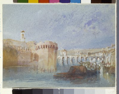 Angers: Doutre falai a La Trinité templom tornyával (akvarell és gouache kék papíron) alkotó: Joseph Mallord William Turner