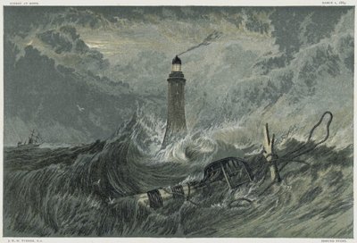 Eddystone világítótorony, amelyet John Smeaton angol civil mérnök épített az Eddystone-sziklán 1757-1759 között. Kromolitográfia JMW Turner festménye után. alkotó: Joseph Mallord William Turner
