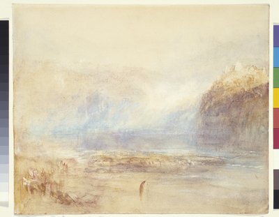 Rajna vízesése Schaffhausenben – Távoli kilátás (akvarell, toll és piros tinta szürke mosáson fehér papíron) alkotó: Joseph Mallord William Turner