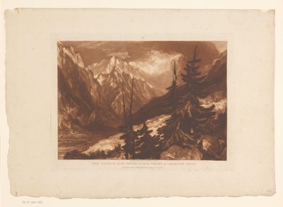 Kilátás a Chamonix-völgyre az Arveyron folyóval Az Arveron forrása Chamouni Savoy völgyében (cím a tárgyon) Tájtanulmányok (sorozat címe) Liber Studiorum (sorozat címe) alkotó: Joseph Mallord William Turner