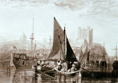 Szénát, egy börtönhajót és más hajókat szállító uszály Rochesternél, a Medway folyónál. alkotó: Joseph Mallord William Turner