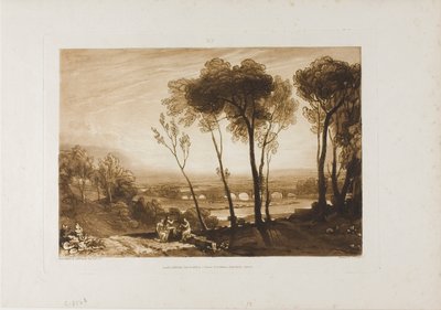 A híd Középtávon, 13-as lemez a Liber Studiorumtól alkotó: Joseph Mallord William Turner